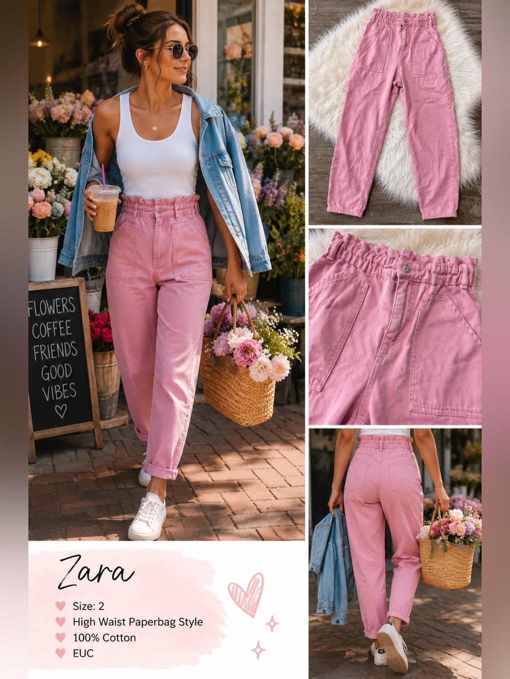 Zara High Rise Paperbag Jeans Size 2 Pink Balloon Leg 100% Cotton Pants